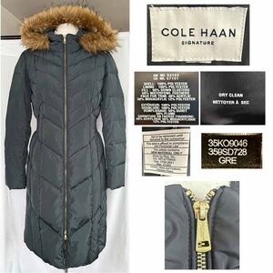 COLE HAAN Women Medium Gray Chevron Quilt Faux Fur Hood Taffeta Down Puffer Coat